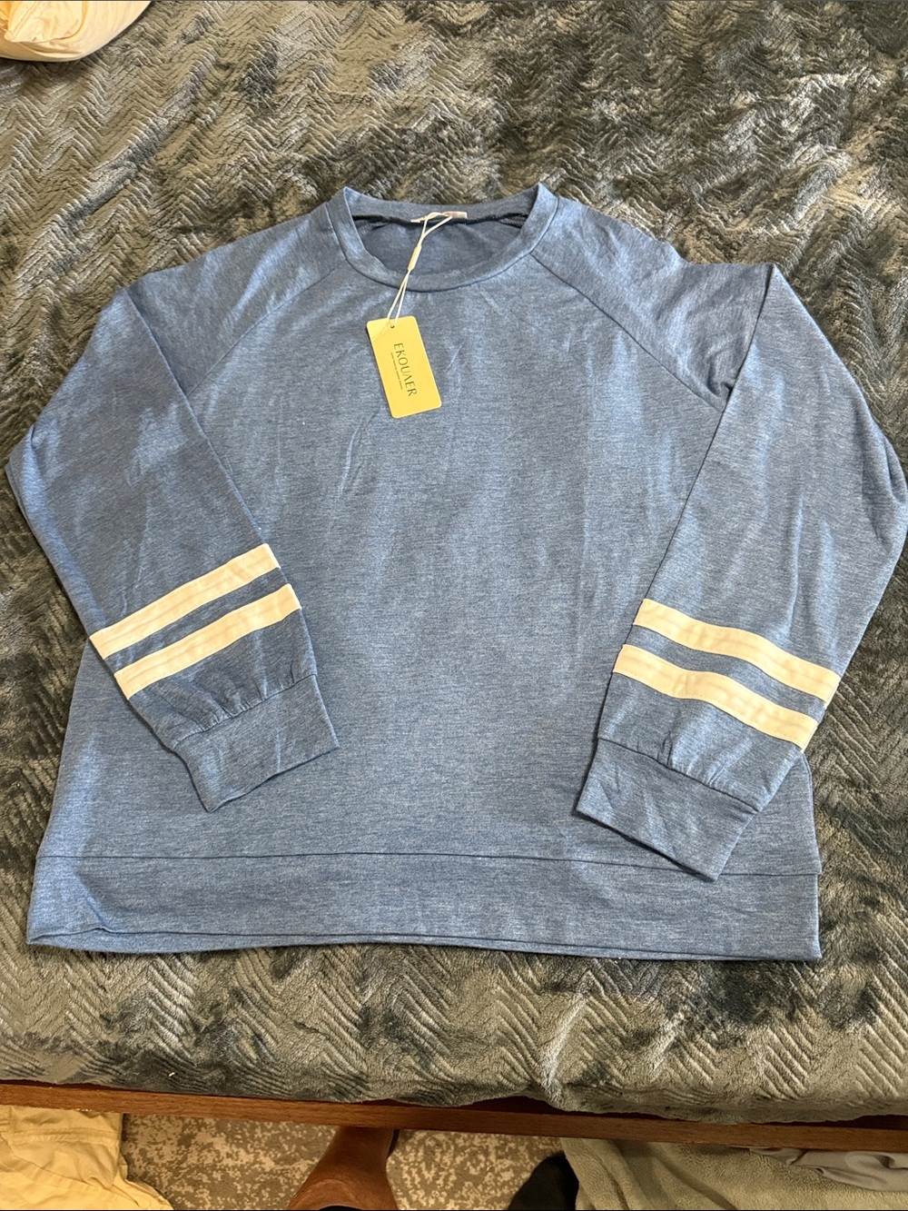 Casual Blue Crewneck Sweater with Cream Sleeve Stripes